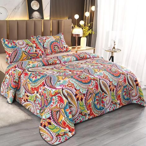 Qucover Boutis Couvre Lit Paisley 2 Personnes 240x260cm Colorés, en 100% Coton, Dessus de Lits, avec 2 Taies d'oreiller 50x90cm pour Toutes Les Saisons (1/5)
