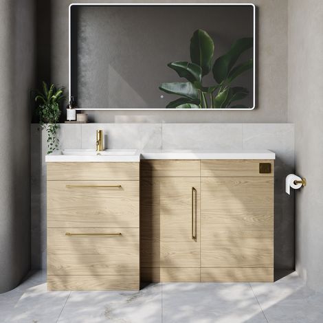 Napoli 390 Light Oak 1500mm 2 Drawer Vanity Unit Toilet Suite with Left Hand Square Lucia Basin - 1500mm - Brushed Brass 320mm HandleWithout Kingston Toilet Pan