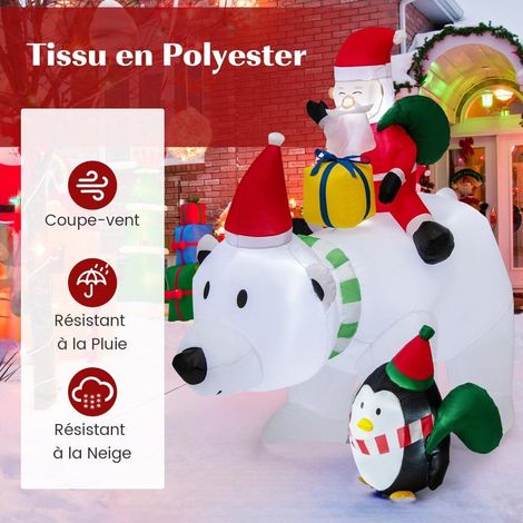 Féerie Festive Ours Polaire Gonflable de Noël 210 cm avec Tête Animée Père Noël Pingouin et LED pour Jardin et Maison (1/5)
