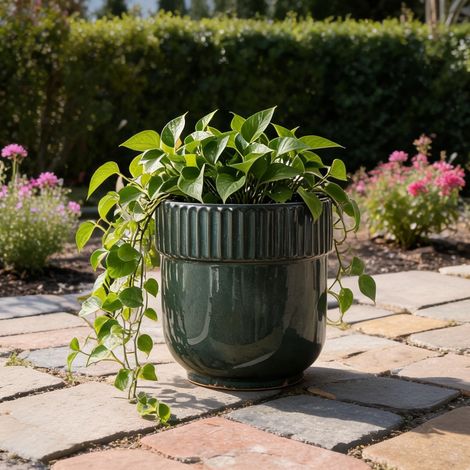 Pot de fleurs en céramique verte foncée brillante Ø 30,5 cm fait (1/5)