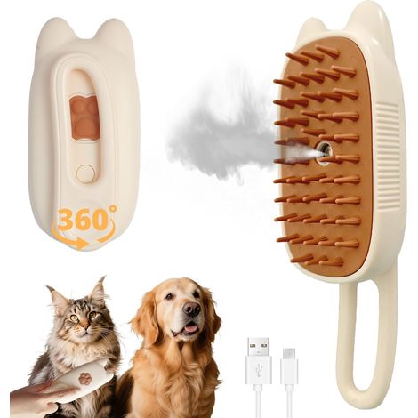 Brosse vapeur 4 en 1 pour chats et chiens, rechargeable, antistatique, avec spray démêlant et peigne pour animaux.(blanc cassé) (1/5)