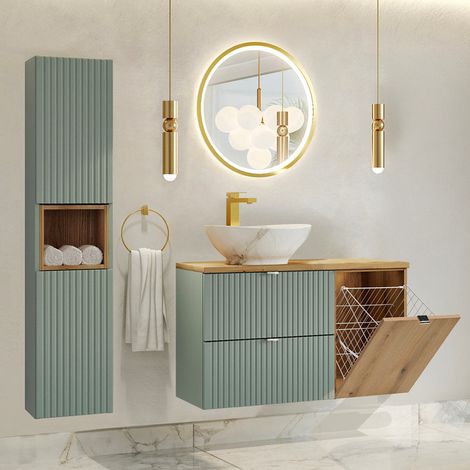 Ensemble meuble simple vasque 100cm panier à linge et colonne Jade Vert et Bois (1/5)