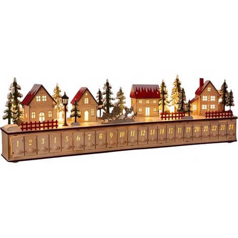 Irovami Calendrier Avent bois LED – village Noël, 24 tiroirs, 42x9x4,5cm, rouge