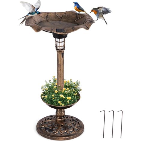 GOPLUS Mangeoire Oiseaux Exterieur avec Lumière Solaire, Abreuvoir d'oiseaux Hauteur 76 CM et Mangeoire avec Bol en Feuille, Jardinière avec Trou de Drainage, Décoratif Autoportant pour Terrasse (1/5)