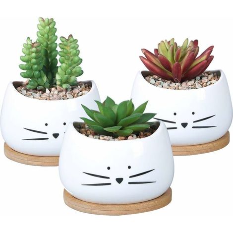 3.2 inch Cute Ceramic Cat Succulents Planter Pots with Removable Saucer Unique Cactus Planters Decorative Porcelain Flower Pot for Cat Lovers Set of 3 White ！ (1/5)