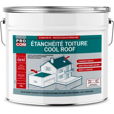 Procom – Peinture toiture étanche Cool Roof – Peinture réfléchissante blanche – Réduit la chaleur de 30°C – Certification étanchéité W3 – 10 litres