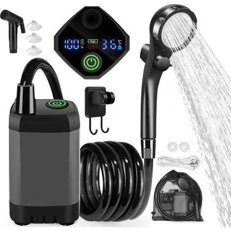 Douche de camping portable rechargeable 6000 mAh avec câble USB et pommeau de douche électrique extérieur pour le camping, la randonnée, le bain des animaux et la toilette-AquaForge (1/5)