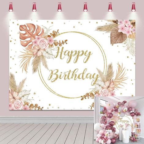 7x5FT Bohemian Happy Birthday Hintergrund für Mädchen - Rosa Pampasgrün (1/5)