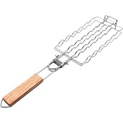 Cestino per hot dog in rete metallica con sistema di chiusura di sicurezza e comodo manico in legno per barbecue.