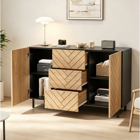 Aparador con 3 cajones y 2 puertas, aglomerado, 120x40x76 cm, madera natural (1/5)