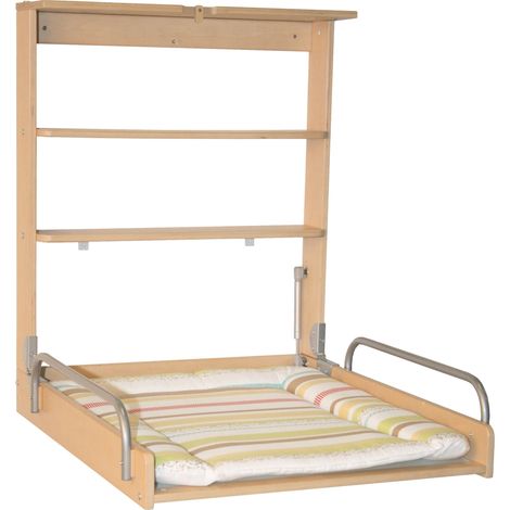 Table à Langer Murale Pliante en Bois Naturel avec Matelas de Change Multicolore - 2 Étagères Pratiques - peu Encombrante - Supporte Jusqu'à 15 kg (1/5)