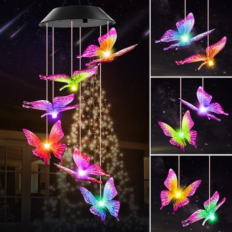 Cadeaux d'anniversaire pour femmes, maman, grand-mère : carillons éoliens solaires papillon pour l'extérieur, lampes solaires décoratives pour l'extérieur, mobile suspendu pour jardin, cour, terrasse (1/5)