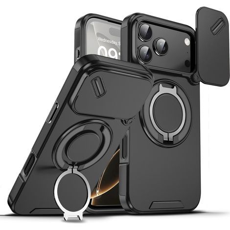 Phone case, stand phone case, shockproof protective case for iPhone 17 Pro, shockproof phone case with sliding camera cover, rotating ring stand, compatible with MagSafe accessories, magnetic shockpro (1/5)