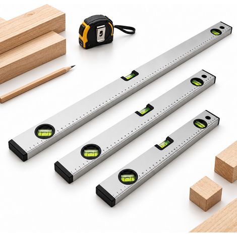 Relaxdays Set di 3 livelle a bolla, 40/60/100 cm, 3 bolle 0°/45°/90°, scala metrica, profilo in alluminio, argento (1/5)