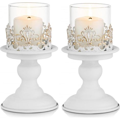 Kerzenständer im Landhausstil mit Glas-Hurrikan, 2er-Set, Weiß Antik (1/5)