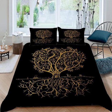 Bettwäsche Set 135x200 cm mit 2 Kissenbezügen 80x80 cm, 3D Goldener Baum, Mikrofaser