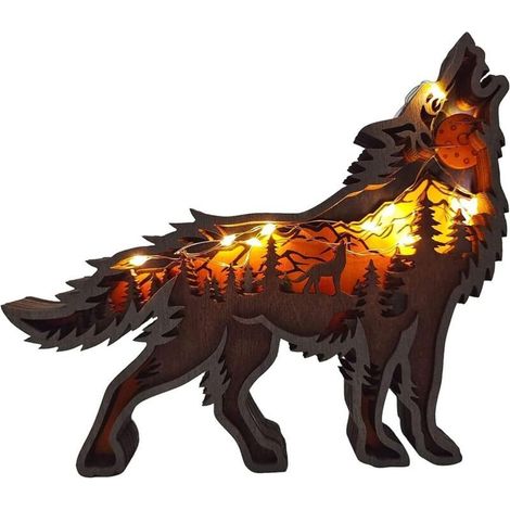 Loup en bois sculpté en 3D, décoration de bureau pour Noël avec lumières LED (loup) (1/4)