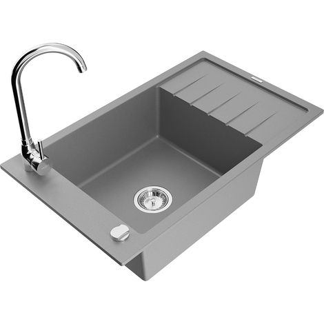 Mexen Elias évier en granit 1 cuve avec égouttoir et robinet de cuisine Telma, gris - 6511-71-670200-00 (1/5)