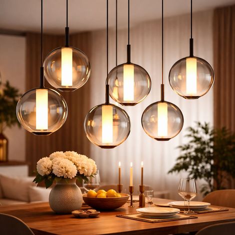 Pendellampe Esstischlampe Hängeleuchte schwarz Glas 6 flammig rauch LED H 120 cm