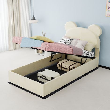 Lit rembourré moderne et minimaliste avec tête de lit douce au design de dessin animé, 90x200 cm, beige, meuble de chambre multifonctionnel, sommier coffre haut avec système de levage à gaz, matelas n (1/5)