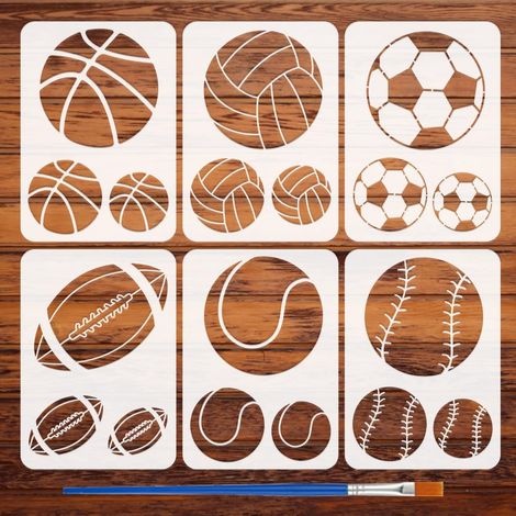 Pochoirs à Motifs de Balles 6Styles Avec Un Pinceau Pochoirs de Peinture de Basket Ball 29.7x21cm Pochoir Volley Ball Pochoir Football Thèmes Sportifs Pet pour Carrelage Sol Mural Bois (1/5)