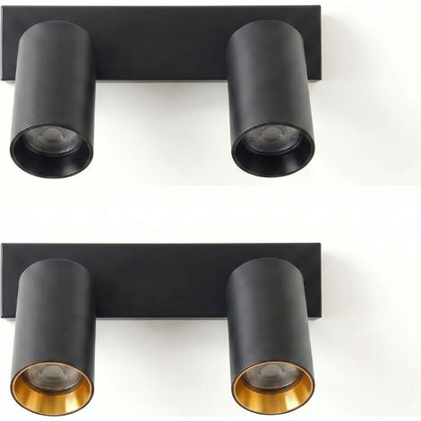 Plafoniera da Parete e Soffitto in Metallo 2 Faretti GU10 con Anello Dorato Intercambiabile Nero