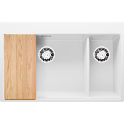 PRIMAGRAN Evier Cuisine en Granit 78x50cm, Lavabo 2 bacs + Kit de Vidage + Planche à Découper, Évier à Encastrer au meuble 80cm - Oslo Duo, Blanc (1/5)