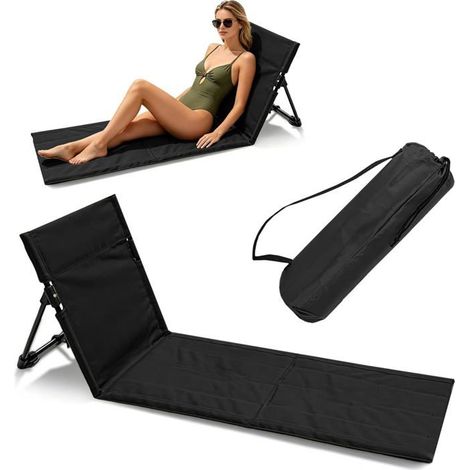 Tapis de plage avec dossier noir, siège de sol pliable, léger avec sac de rangement, pour le camping, les voyages et une utilisation nomade. (1/5)