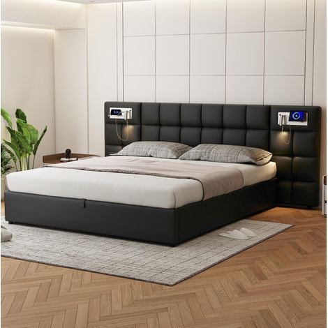 Lit coffre 180 x 200 cm capitonné en PU noir avec USB, charge sans fil et LED (1/5)