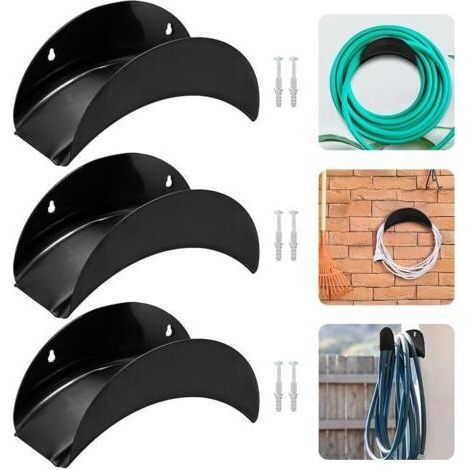 Lot de 3 supports muraux pour tuyau d'arrosage, 28 x 13 x 13 cm, crochet de suspension en métal, avec 6 vis et 6 boulons d'expansion, pour suspension de tuyau (noir) (1/5)