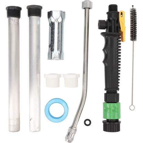 Kit de nettoyage professionnel et efficace pour chauffe-eau de camping-car comprenant une anode, une baguette de rinçage et une brosse en acier inoxydable. (1/5)