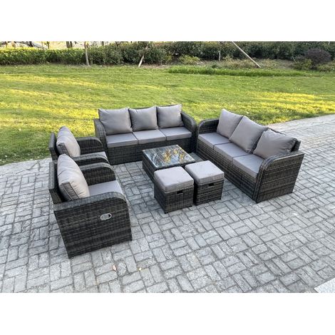 Fimous Hoher Rücken Polyrattan Gartenmöbel Set mit Quadratischer Couchtisch 2 kleine Fußhockern Garten Lounge Set Dunkelgrau Gemischt (1/5)