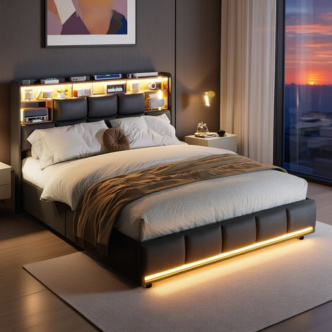 Lit 160x200 avec Sommier, Lit coffre 2 Personnes, Lit rangement en hydraulique, tête de lit coffre en PU et Étagères, Cadre de lit avec LED et USB (1/5)