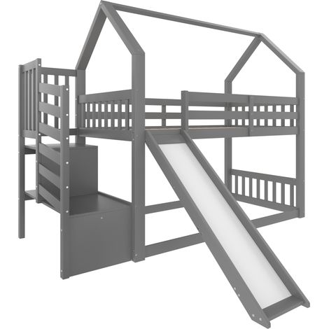 Letto cabina per bambini grigio 90 x 200 cm con scivolo, scala contenitore MODENUIT (1/5)