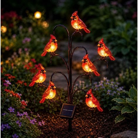 Lampe de jardin créative - Lampe solaire en forme de souche en forme d'oiseau (rouge)