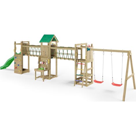 Parco giochi in legno Fungoo Space Longer con scivolo, due altalene, ponte e casetta per bambini (1/5)