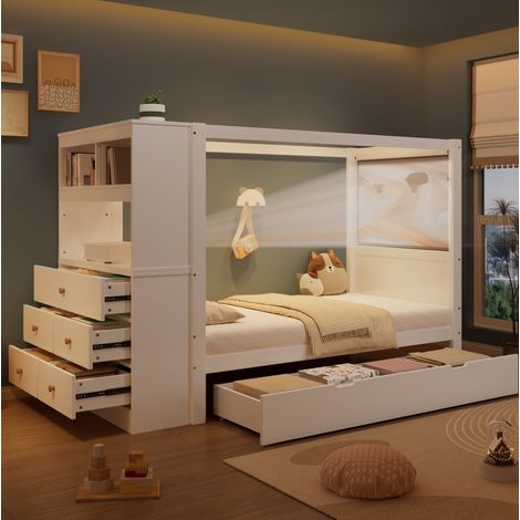 Lit simple enfant 90 x 200 cm avec 5 tiroirs, barrière de sécurité et ciel de lit,lit rangements latéraux,bois pin MDF blanc (1/5)