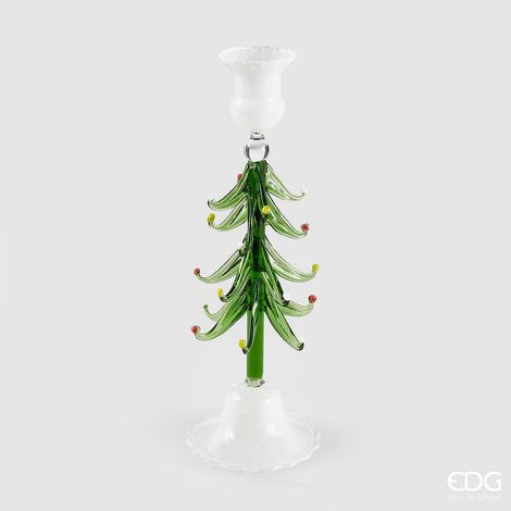 EDG Enzo De Gasperi Portacandela Pino di Natale H 24 cm D 8,5 cm Vetro White Green