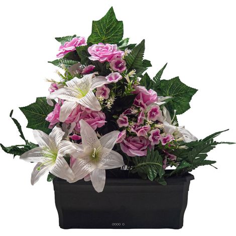 Devant de tombe fleurs artificielles pour le cimetière roses, mini-fleurs et lys H 60 cm Rose pâle - couleur: Rose pâle