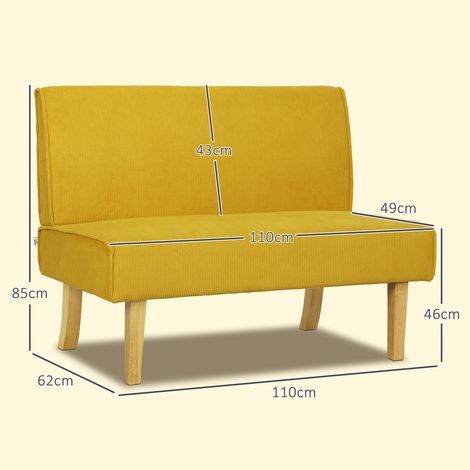 Canapé 2 places velours côtelé, piètement bois, assise rembourrée, sofa double pour chambre ou séjour, 110x62x85 cm, teinte jaune (1/5)