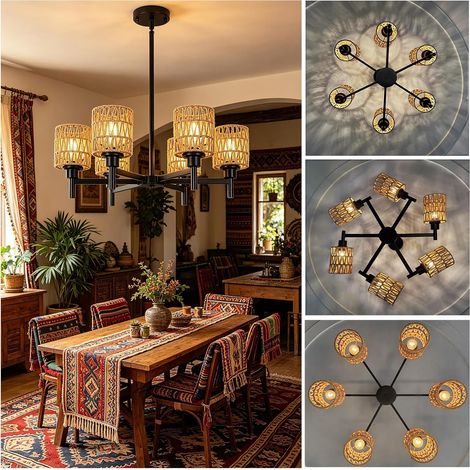 Suspension Luminaire Rotin Salon 6 Flammes, Lustre Cuisine Noir Vintage Hauteur Réglable Ø 63cm Lampe Suspendue Salle à Manger Bohème E27 Campagne Rétro Plafonnier Éclairage pour Chambre (1/5)