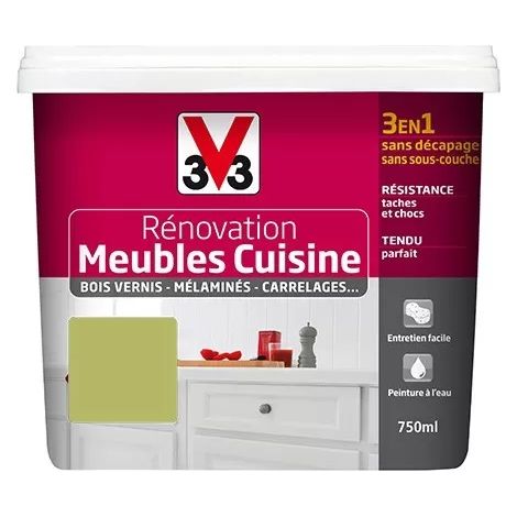 V33 – Peinture rénovation meubles cuisine satin absinthe 0,75 L – Acrylique sans sous-couche – Résistance tâches et chocs – Lessivable (1/2)
