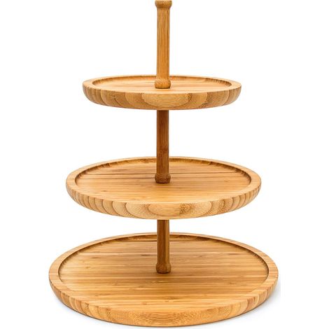 Alzata per torte a 3 livelli con pratica maniglia stile decorativo 25 x 25 x 60 cm in bambù naturale 130003228