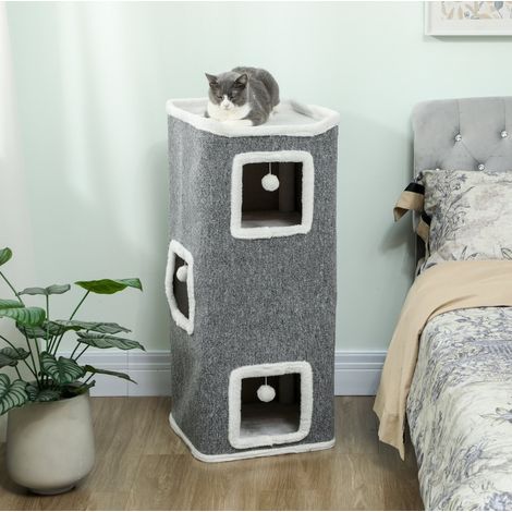 Árbol para gatos de 4 niveles con 3 casetas, aglomerado, gris DESVIAE (1/5)