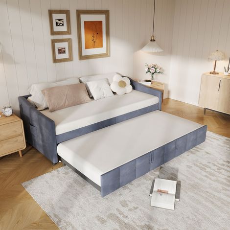 Canapé Lit Convertible, 90/180x200 cm, Sofa Bed en velours, Gris, Matelas non inclus (1/5)