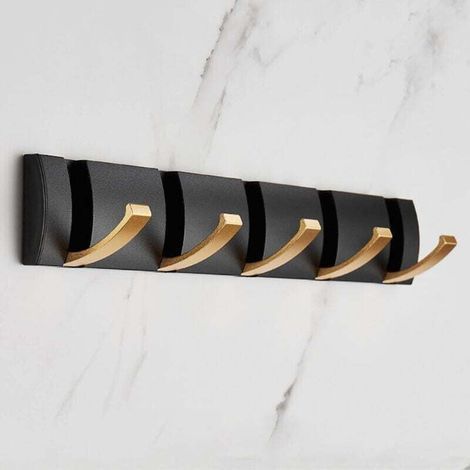 Zusammenklappbare Wandgarderobe mit 5 Haken, platzsparende Wandgarderobe, Handtuchhalter in Schwarz und Gold mit Haken für Badezimmer, Schlafzimmer, Flur, Hüte, Schals, Regenschirme (1/4)