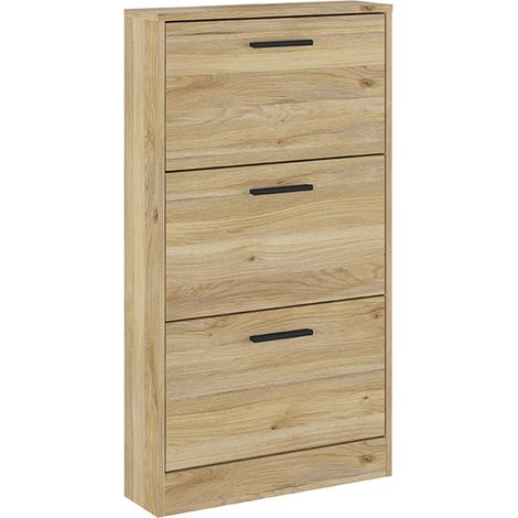 Meuble à chaussures, commode à chaussures à 3 portes coloris chêne Mauvella - Longueur 59,80 x profondeur 17 x hauteur 107,70 cm (1/4)