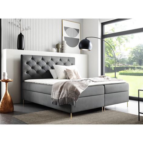 Sofello Boxspringbett LIDIA 120 x 200cm 2x Bettkasten TOPPER 5cm Gratis Grau Velour hohe goldene Beine (1/5)