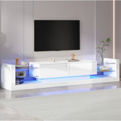 Mueble TV blanco de 181 cm con LED, frontal brillante y dos cajones abatibles DESVIAE (1/5)