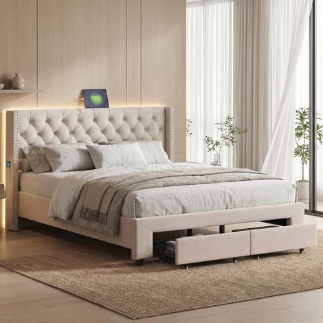 Letto matrimoniale 160x200 cm con design a rivetti morbidi - Spazio di archiviazione intelligente: cassetti + strisce LED + porte USB - Velluto - Bianco